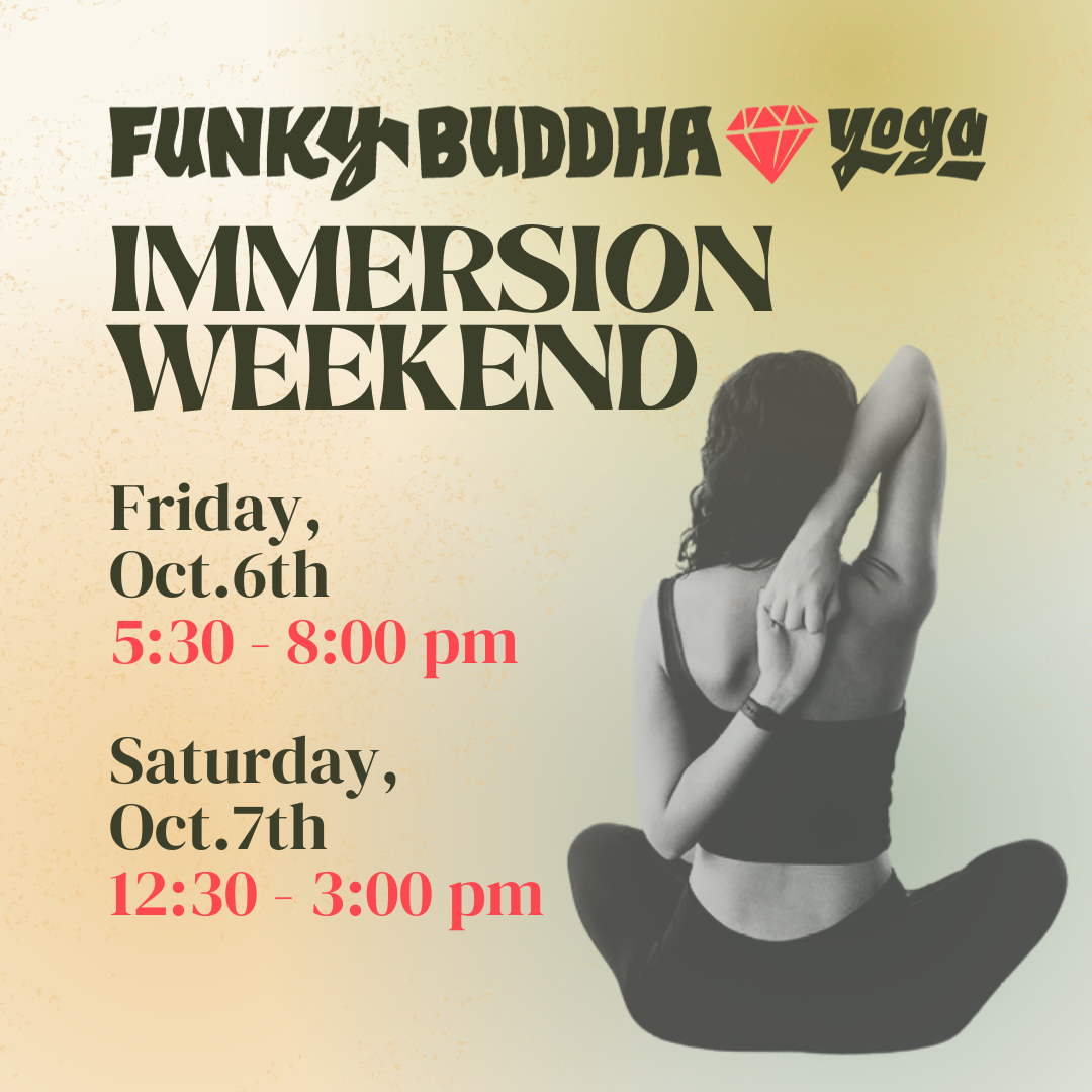 Immersion Weekend Infographic features the Dates and Times of the event and a photo of a person stretching their shoulders.