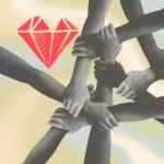 Multi Racial hands holding each other, symbolizing community and connection. Featuring the red, heart shaped Funky Buddha Ruby logo.