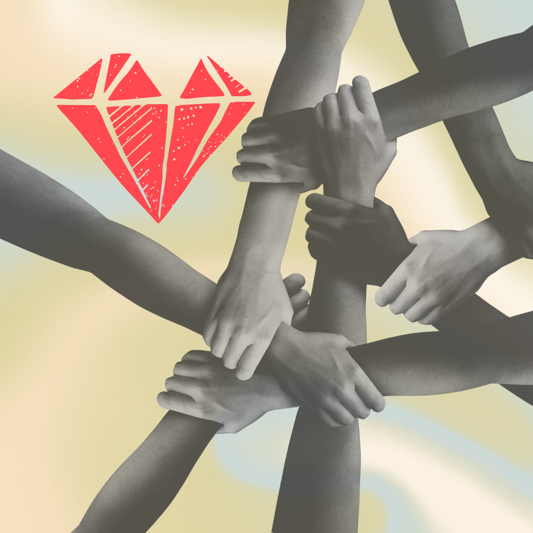 Multi Racial hands holding each other, symbolizing community and connection. Featuring the red, heart shaped Funky Buddha Ruby logo.
